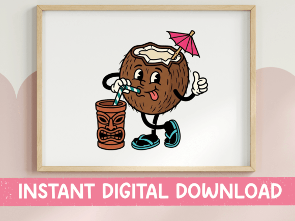 Retro Coconut Character Tiki Bar Design Graphics