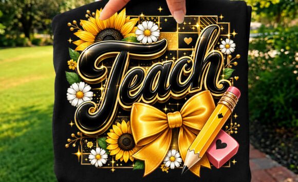 Teach Bow Pencil Flower Checker T-shirt Graphics